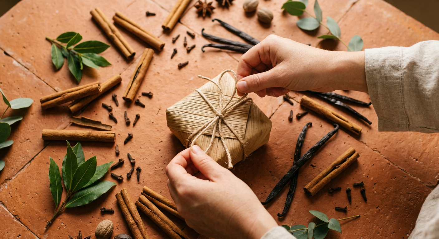 A box of Zanzibar spices being wrapped by hand in woven palm leaf and twine, surrounded by loose cinnamon, cloves and vanilla