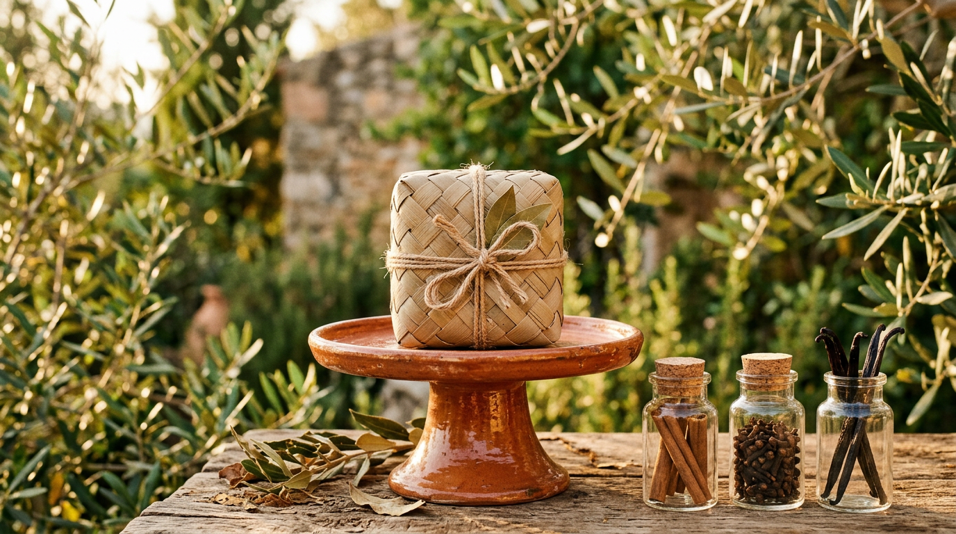 A wrapped Taamu gift box of Zanzibar spices on a terracotta stand, beside small jars of cinnamon, cloves and vanilla