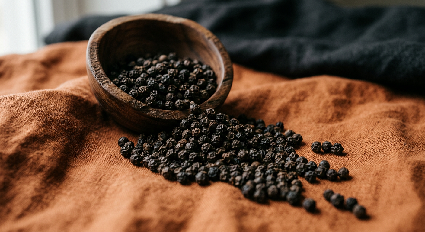 Whole black pepper, one of the eight Zanzibar spices offered by Taamu