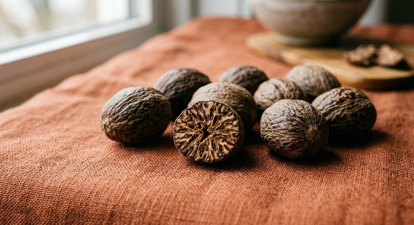 Whole nutmeg, one of the eight Zanzibar spices offered by Taamu
